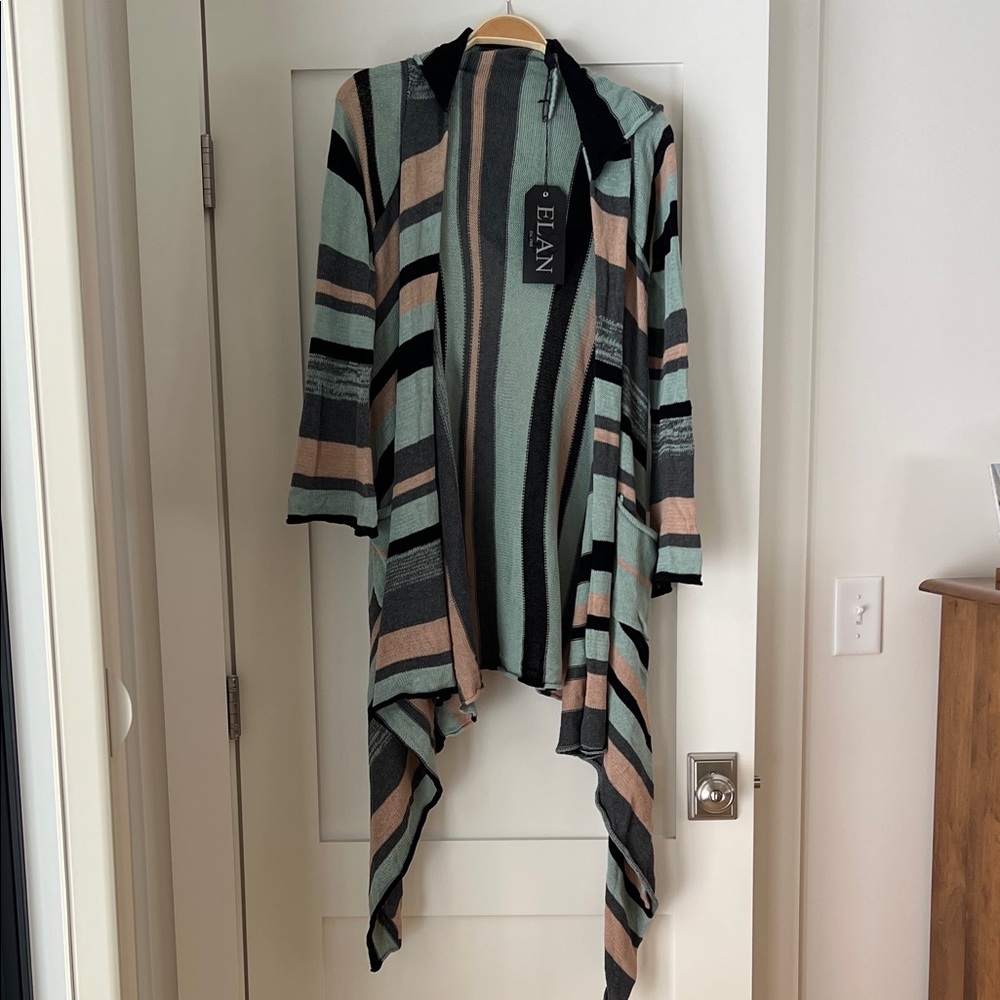 Elan hooded sweater striped NWT blue green  gray black light brown stripes